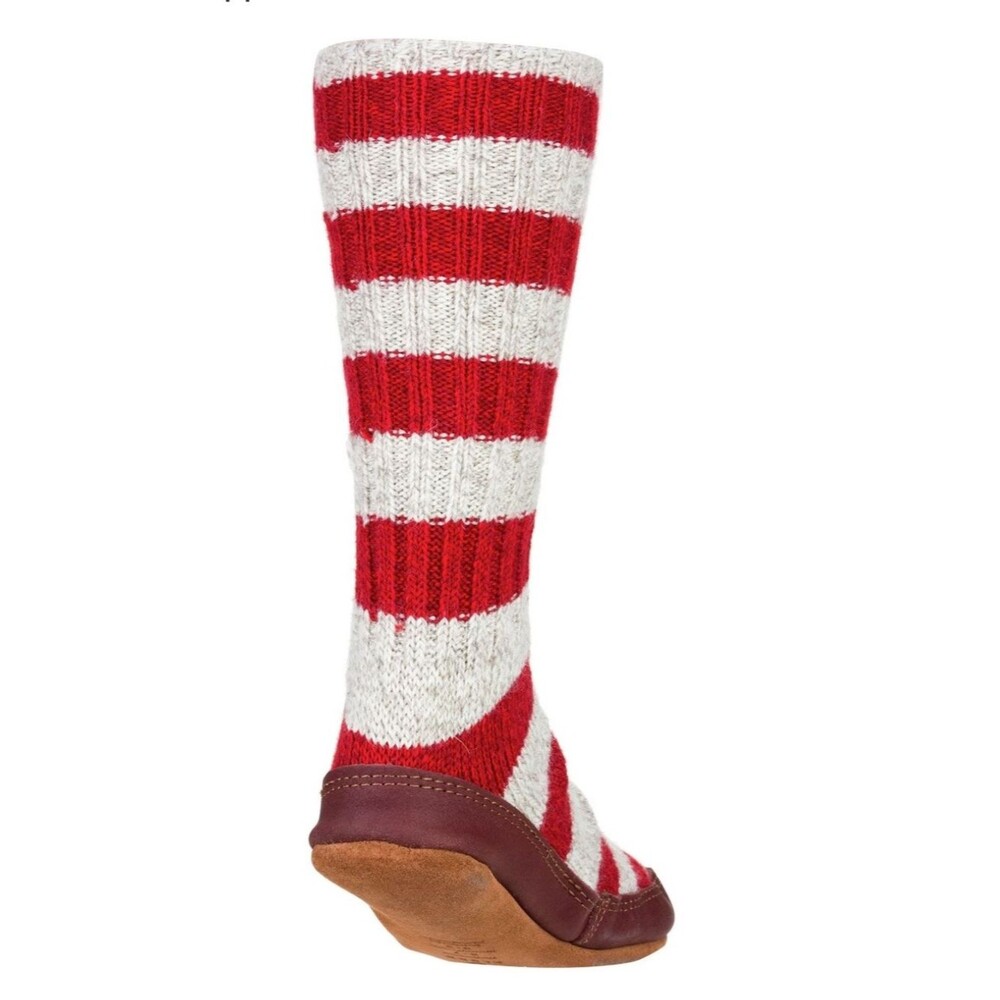 Acorn Slip-On Moccasin Knit Slippers Red & Cream Stripe Brown Leather Sz 8-9